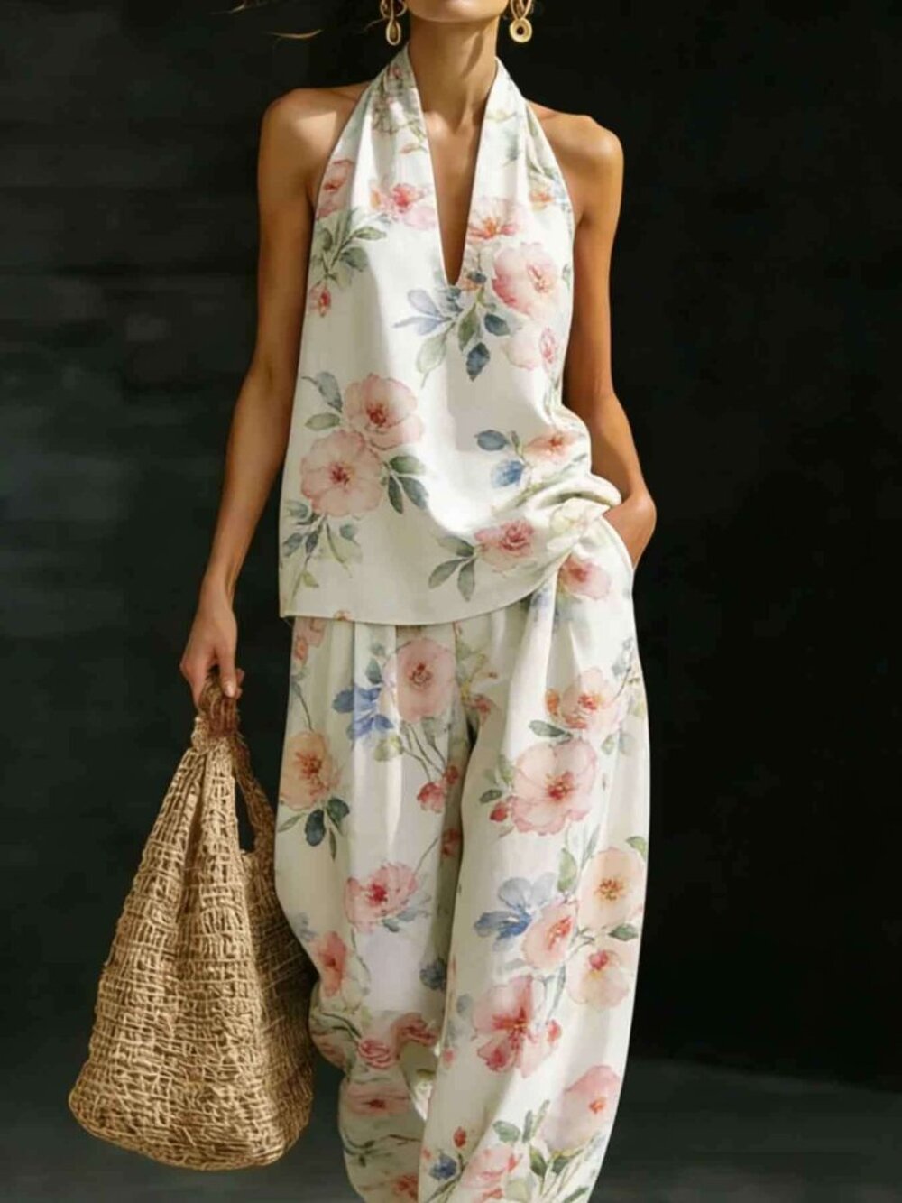 Floral Halter Top & Wide-Leg Pants Set